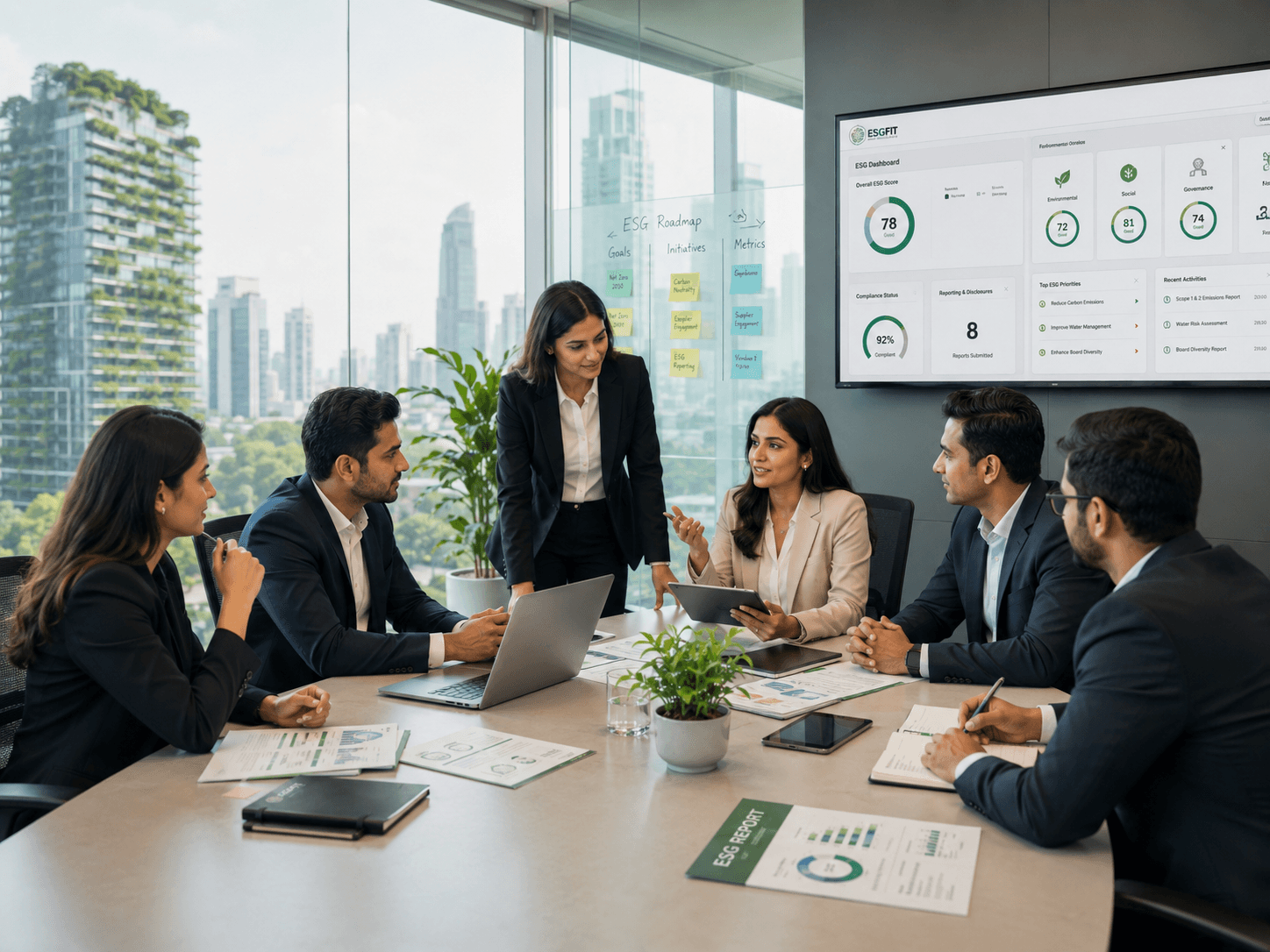 ESG team reviewing the ESGFIT dashboard in a modern boardroom